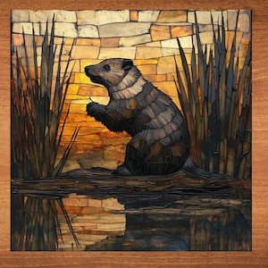 May include: A mosaic artwork depicting a brown and black groundhog sitting on a log by a pond. The background is a mosaic of yellow, orange, and brown tiles, resembling a sunset.