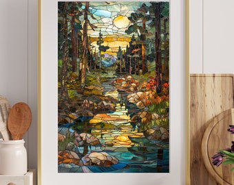 May include: A stained glass artwork depicting a woodland scene with a stream flowing through it. The sun is shining through the trees, casting a warm glow on the water. The artwork is made up of many small pieces of coloured glass, creating a mosaic effect.
