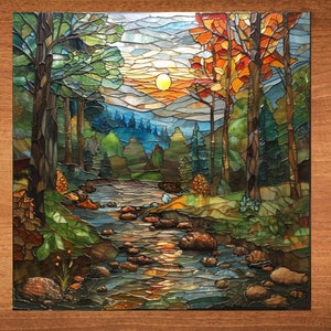 May include: Stained glass panel depicting a forest scene with a river, trees, and a sunset. The artwork features a vibrant color palette of greens, blues, oranges, and yellows. The river flows through the center, with trees lining the banks. The sun sets in the background.