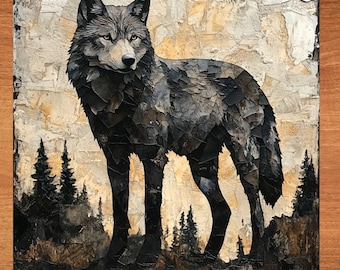 Könnte beinhalten: Ein schwarzer Wolf steht in einer Waldlandschaft. Der Wolf ist in einem strukturierten, fast mosaikartigen Stil dargestellt, mit einem dunklen Vordergrund und einem hellen, strukturierten Hintergrund.
