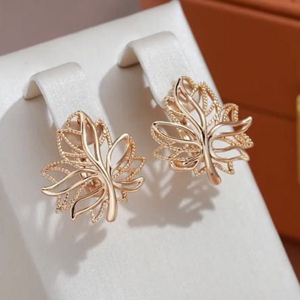 Orecchini a clip vuoti lucidi 585 Cerchi in oro rosa con albero della vita Bling Orecchini da sposa per donna Gioielli dorati Regalo di Natale