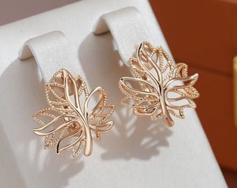 Glossy Hollow Clip Earrings 585 Rose Gold Life Tree Bling Hoops Wedding Earrings for Women Golden Jewelry Christmas Gift