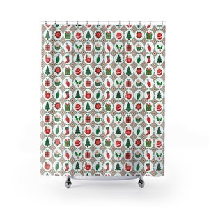 Christmas / Winter Shower Curtain: Geometric Pattern of Holiday Favorites Ornaments Stockings Hot Chocolate Holly