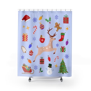 Christmas / Winter Shower Curtain: Reindeer Gifts Snowman Sleigh on Blue Background