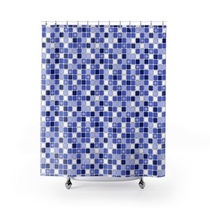 Christmas / Winter Shower Curtain: Geometric Tile Design of Blue and White Squares with Snowflakes