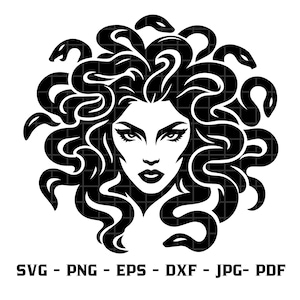 Peut inclure: Une illustration graphique en noir et blanc d'une tête de Méduse avec des serpents en guise de cheveux, aux traits du visage marqués et au regard intense. Sous le graphique, le texte indique SVG - PNG - EPS - DXF - JPG- PDF.