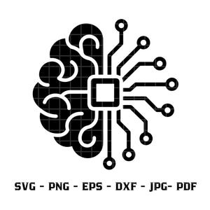 Pode incluir: Um ícone gráfico preto apresentando um cérebro estilizado no lado esquerdo e um padrão de circuito digital no lado direito, centralizado em torno de um chip de processador quadrado. Abaixo do ícone, o texto diz: SVG - PNG - EPS - DXF - JPG- PDF.