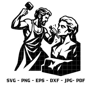 May include: A black and white graphic illustration of a sculptor wearing an apron, holding a mallet and chisel to carve a stone bust. Below the figure, the text reads SVG - PNG - EPS - DXF - JPG- PDF, indicating available digital file formats.