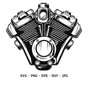 Puede incluir: Ilustración en blanco y negro de un motor de motocicleta. El motor está detallado con múltiples cilindros y una gran válvula de admisión.