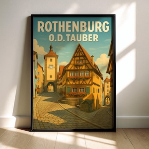 Rothenburg ob der Tauber Poster – Germany Travel Print | Plönlein Wall Art | Vintage Medieval Town Illustration | German Home Decor