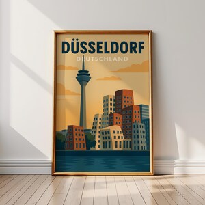Pôster vintage de Düsseldorf – Torre do Reno e Media Harbour em estilo de viagem retrô