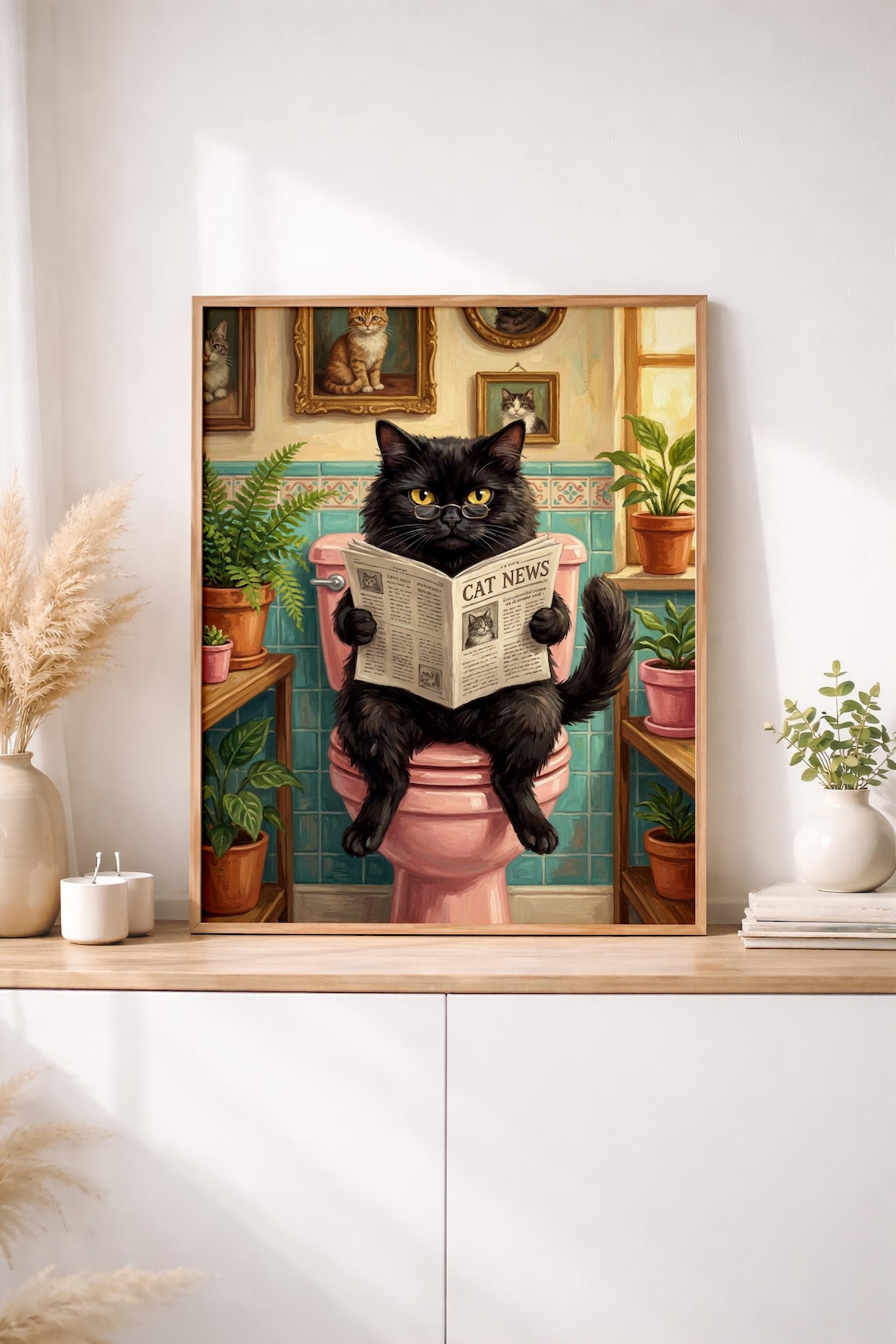Funny Cat Bathroom Wall Art, Cat on Toilet Poster, Whimsical Cat ...