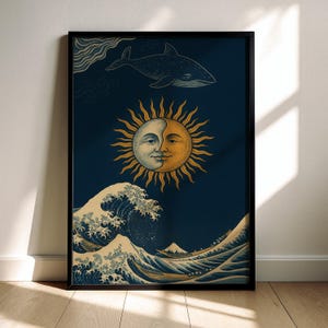 Sun Moon Poster – Hokusai Wave, Whale and Fuji in Vintage Style | Spiritual Wall Art & Japan Inspired Print