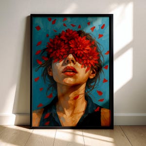 Ritratto di donna con fiori rossi – Poster artistico Inner Bloom | Ritratto di donna surreale con fiori rossi – Stampa artistica Inner Bloom