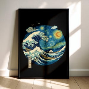 La Gran Ola se encuentra con La Noche Estrellada – Póster de Hokusai x Van Gogh | Arte japonés se fusiona con lo clásico | Arte mural vintage de olas
