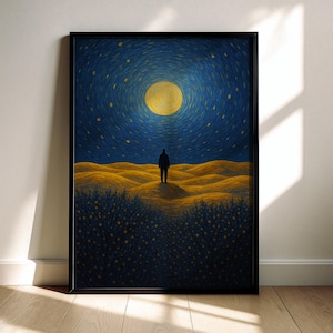 Sternennacht Silhouette Poster – Einsamer Wanderer im Mondlicht | Van Gogh inspiriert | Dunkle Landschaft Kunstprint