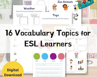 16 Vocabulary Topics for ESL Learners | ESL Vocabulary Posters and Flashcards Bundle | English Language Learning Bundle |Digital Printable