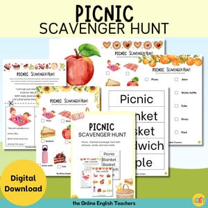 May include: A collection of printable Picnic Scavenger Hunt activity sheets featuring watercolour illustrations of apples, sandwiches, cakes, and picnic baskets. The pages include text, checklists, and cut-out cards for children to find items in a park.