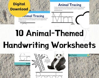 Op de afbeelding: Een stapel van 10 werkbladen met dierenthema handschrift. De werkbladen bevatten dierenspoor oefeningen met illustraties van een panda, bamboe en de letter "M". Een gele cirkel met "Digitale download" is zichtbaar.