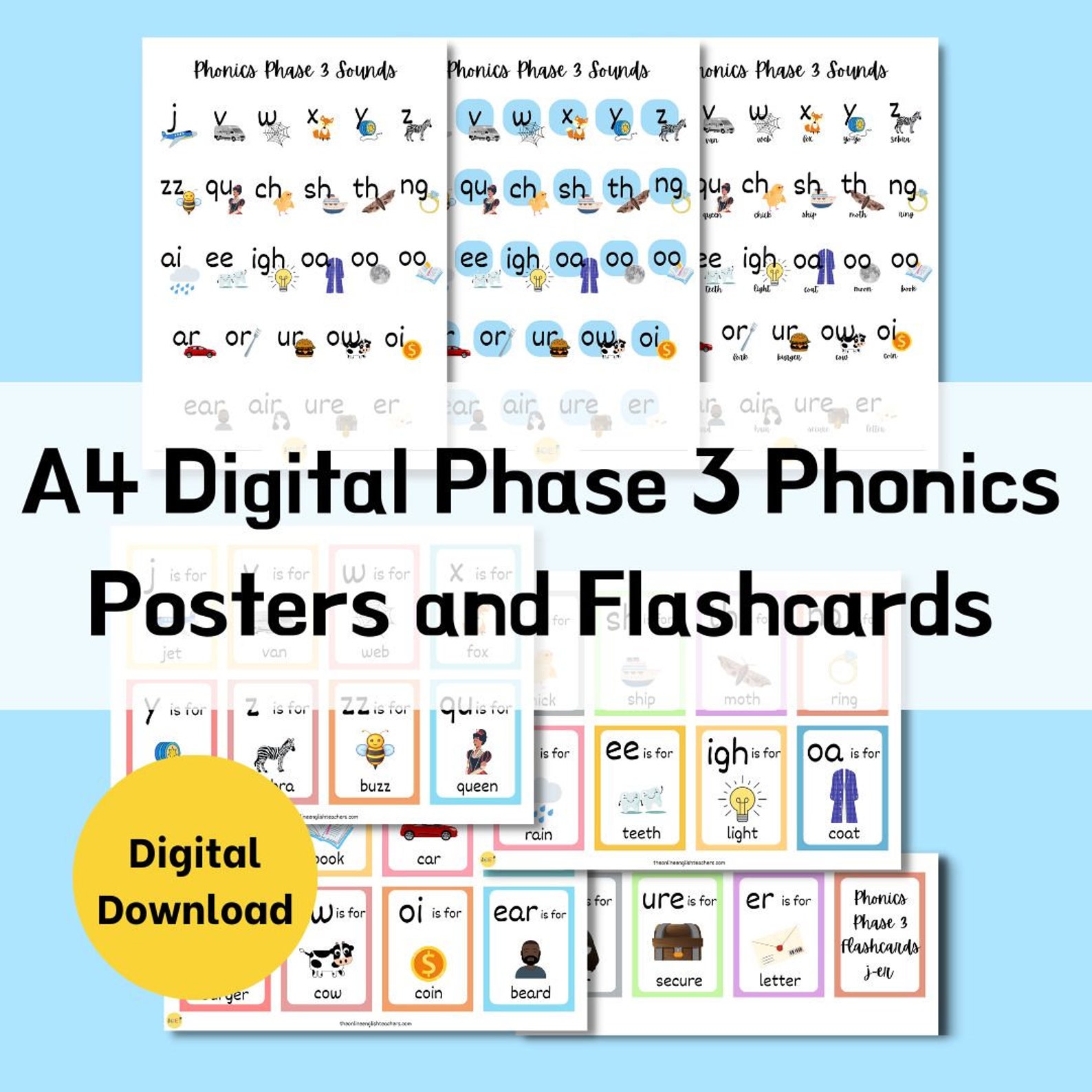 Phonics Phase 3 Flashcards and Posters | Phonics Poster | Phonics Sound ...