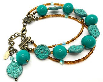 Three-Strand Aqua Glass & Metal Bracelet