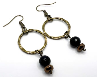 Bronze Drop Earrings with Black Acrylic Accent Beads