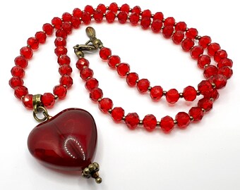 Red Crystal Heart Pendant Necklace Matinee Length