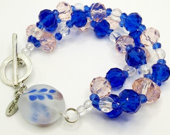 Three-Strand Blue & Pink Crystal Bracelet with Hand-Painted Glass Focal