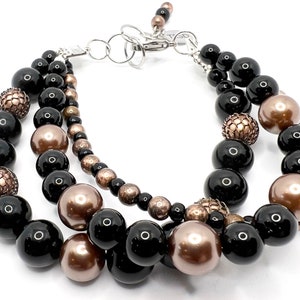 Black and Bronze Beaded Three-Stranded Bracelet