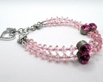 Pink Crystal Double-Strand Bracelet with Rhinestone Heart