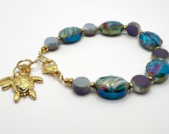 Iridescent Beads and Sea Turtle Charm Bracelet