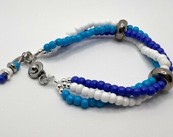 Three-strand White, Aqua and Blue Beaded Bracelet