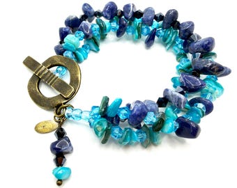 Aqua & Bluish-Purple Stone Triple-Strand Bracelet with Bronze Toggle