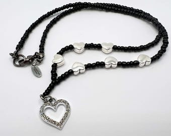 Black Beaded Necklace with Rhinestone and Silver Hearts
