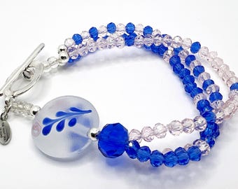 Three-Strand Blue & Pink Crystal Bracelet with Hand-Painted Floral Bead