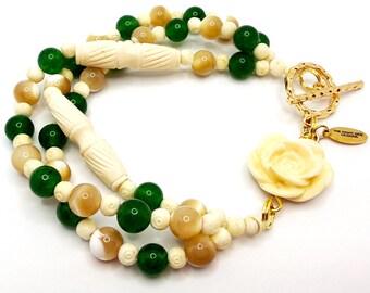 Tri-Strand Green & Cream Bracelet with Flower Charm