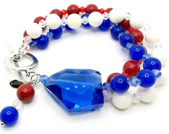 Red, White & Blue Crystal Bracelet with Statement Focal Bead