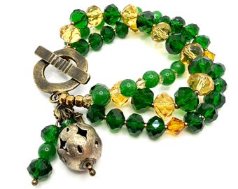 Green Agate & Crystal Three-Strand Bracelet with Vintage Brass Charm