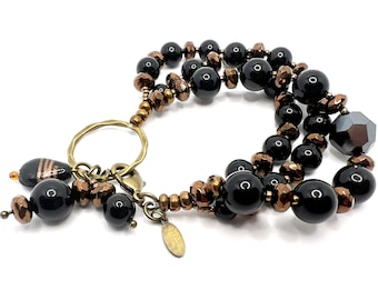 Black Acrylic Beaded Bracelet with Glass Crystal Cut Accent Beads