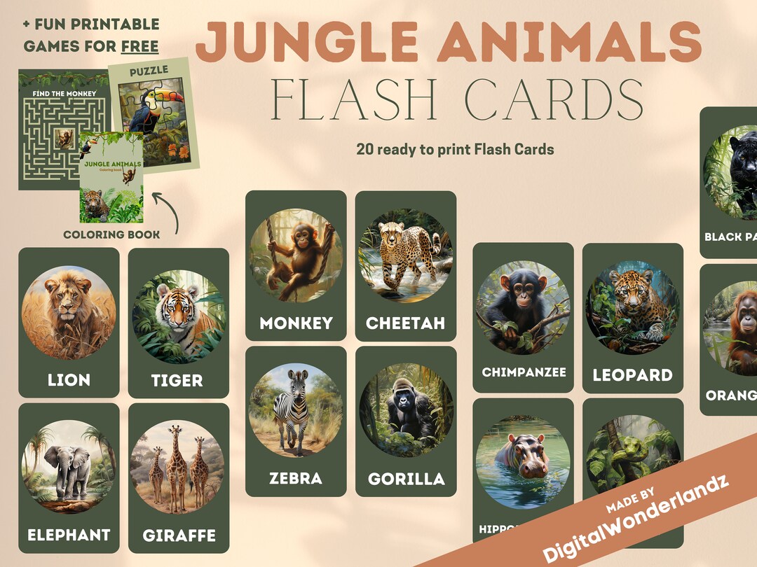 JUNGLE ANIMALS Flash Cards FREE Games 20 Montessori Cards Etsy