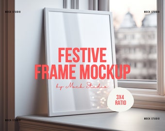 Christmas White frame mockup 3x4 Ratio wall mockup, winter frame mockup, vertical frame mockup, reflective white frame festive mock-up