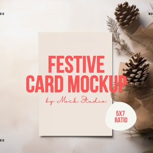 5x7 クリスマス カード モックアップ、フラット レイ縦型カード モックアップ、5x7 招待状 モックアップ、A4 グリーティング カード モックアップ、居心地の良い、ミニマル、クリスマス ホリデー