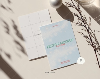 Double Invitation Mockup, A4 A5 Holiday Greeting Card, Winter Wedding Invitation Mock-up, Christmas Card PSD Digital Download