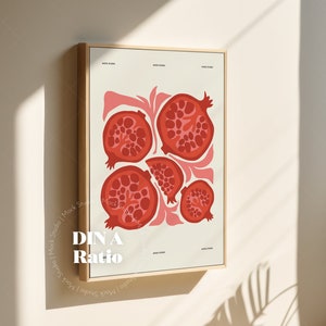 May include: A framed print with a white background and a design of five red pomegranate fruit slices. The text "DIN A Ratio" is printed in white at the bottom of the print.