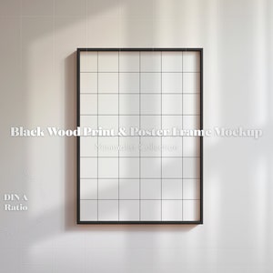 May include: Black wood print and poster frame mockup with a white background and a grid pattern inside the frame. The text "Black Wood Print & Poster Frame Mockup" and "Minimalist Collection" is visible below the frame.