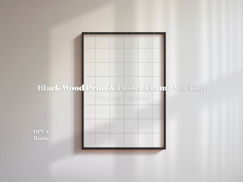 May include: Black wood print and poster frame mockup with a white background and a grid pattern inside the frame. The text "Black Wood Print & Poster Frame Mockup" and "Minimalist Collection" is visible below the frame.
