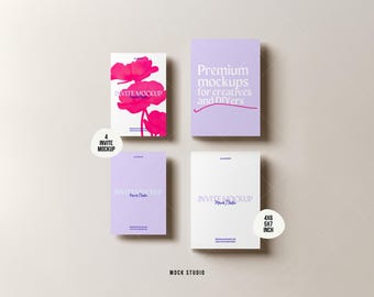 4 Pack Invitation Invite mockup bundle | Textured Paper | 5x7 4X6 inch Flatlay mockup | PSD Smart Object | Minimal mockup Digital template