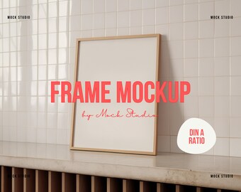 A4 DIN A Frame mockup | Interior Kitchen poster mock-up scene Minimal wooden leaning PSD frame mockup Minimal PSD smart object frame mock up