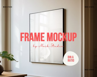 A2 A3 Thin Black frame mockup DIN wall mockup, minimalist interior frame mockup DIN, vertical frame mockup with realistic reflections