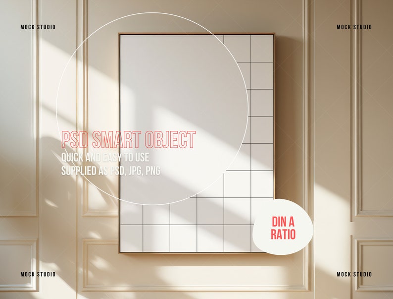 K&ouml;nnte beinhalten: Ein wei&szlig;er gerahmter Poster-Mockup mit einem Rastermuster an einer beigefarbenen Wand mit wei&szlig;en Leisten. Das Poster ist ein PSD-Smart-Objekt, schnell und einfach zu bedienen, geliefert als PSD, JPG, PNG. Das Poster ist im DIN A-Format.